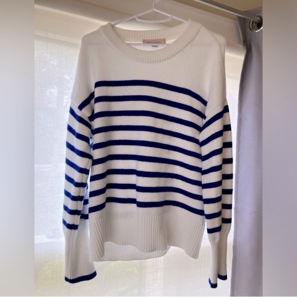 NWOT Philosophy White and Blue Crewneck Sweater with Nautical Stripes in Size S